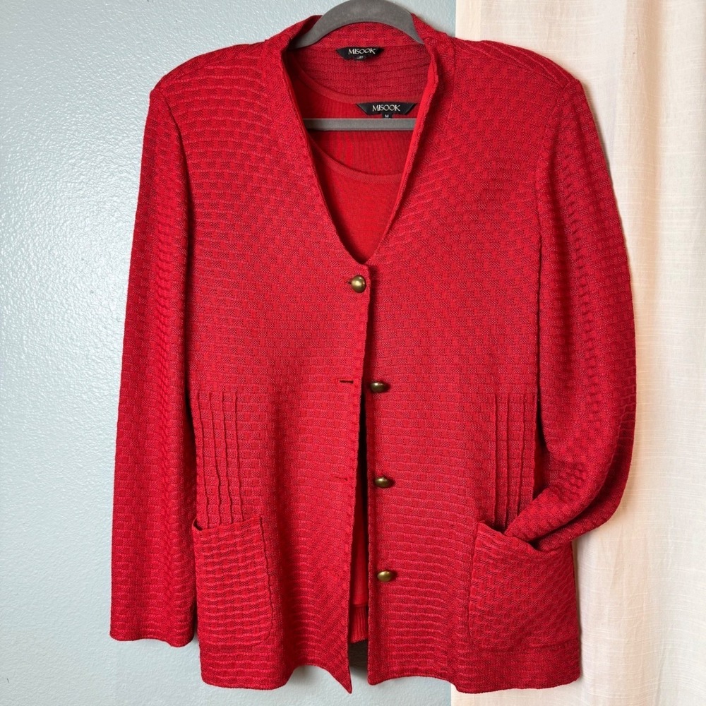 Misook Knit Jacket Tank Set Women Medium Red Excellent Button Front Professional